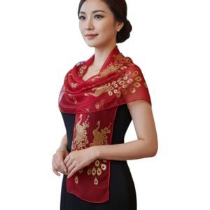 SALE Animal Print Red and Gold Design Silk Feel Scarf